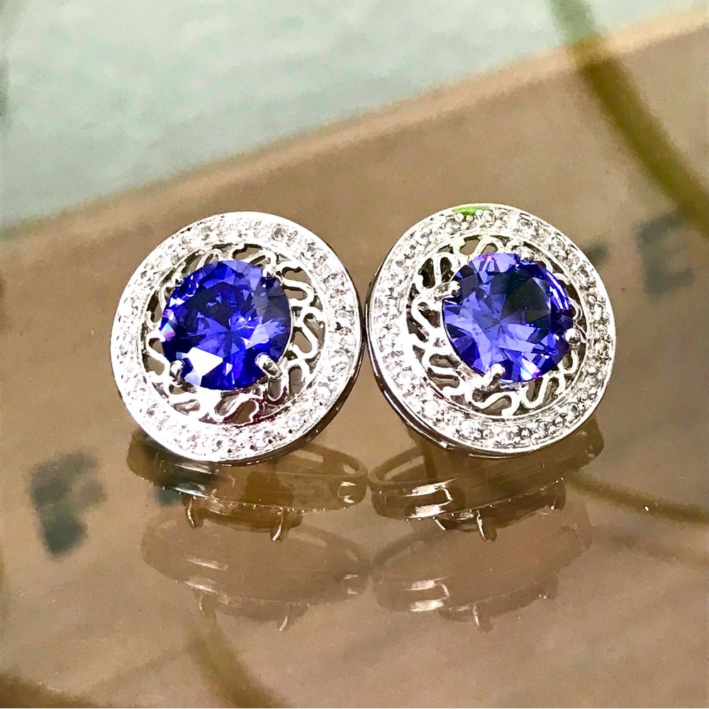 JTV Sterling Silver Rhodium Plated CZ Tanzanite Gem Button Style Earrings